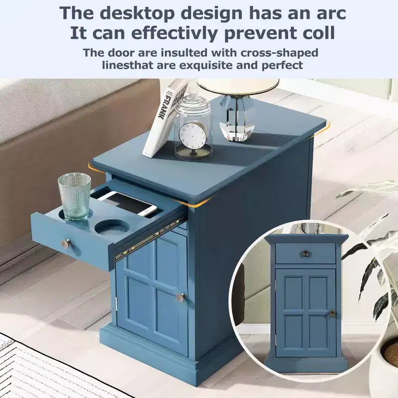 Tavolino Vintage Classico con Porte USB e 1 Cassetto con Portabicchieri, Tavolino Stretto da Divano per Soggiorno Camera da Letto