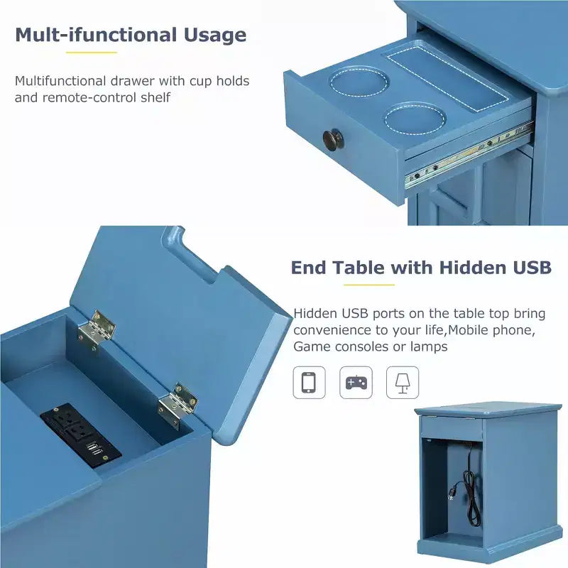 Tavolino Vintage Classico con Porte USB e 1 Cassetto con Portabicchieri, Tavolino Stretto da Divano per Soggiorno Camera da Letto