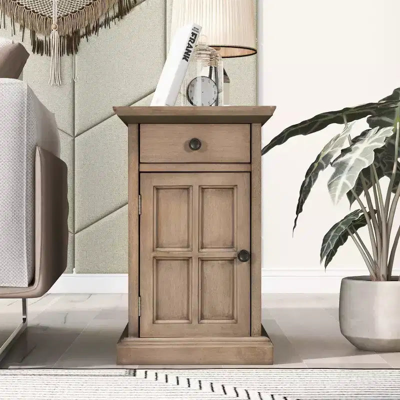Tavolino Vintage Classico con Porte USB e 1 Cassetto con Portabicchieri, Tavolino Stretto da Divano per Soggiorno Camera da Letto