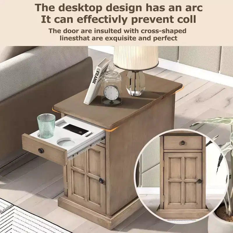 Tavolino Vintage Classico con Porte USB e 1 Cassetto con Portabicchieri, Tavolino Stretto da Divano per Soggiorno Camera da Letto