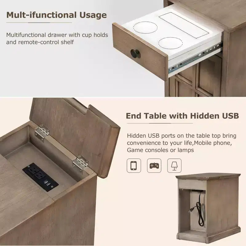 Tavolino Vintage Classico con Porte USB e 1 Cassetto con Portabicchieri, Tavolino Stretto da Divano per Soggiorno Camera da Letto