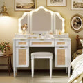 GDFStudio Lillian Boho Modern Wood Makeup Vanity Table with Tri-Fold Mirror, 13-Light Bulbs, 5 Drawers and Charging Station
