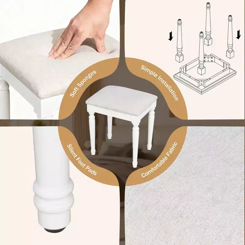Toeletta Lillian Boho Modern in legno con specchio a tre ante, 13 lampadine, 5 cassetti e stazione di ricarica