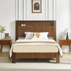JVNOXK 84-inch Extra-Large and Extended Bed Frame with Storage Headboard, Built-in Charging Station, Wave-Curved Design, Walnut Finish
