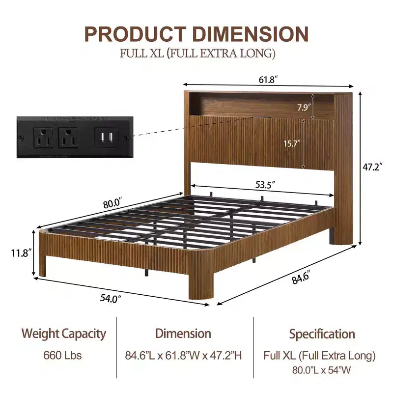 Struttura letto extra large da 84 pollici con testiera contenitore, stazione di ricarica integrata, design a onda, finitura noce
