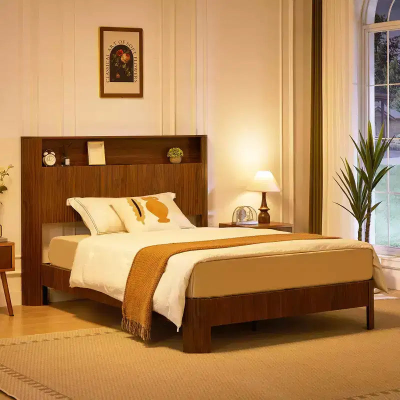 Struttura letto extra large da 84 pollici con testiera contenitore, stazione di ricarica integrata, design a onda, finitura noce