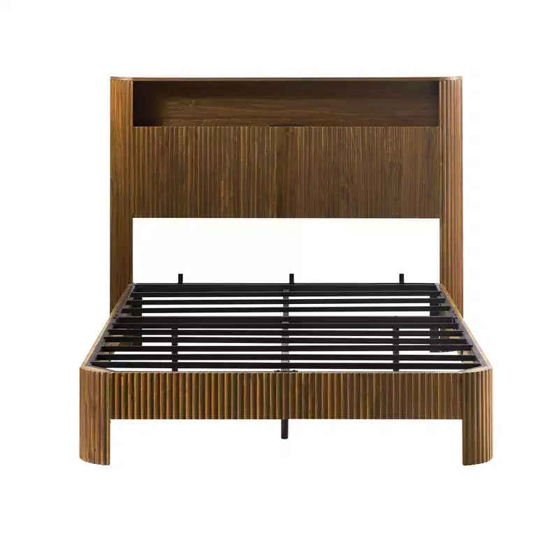 Struttura letto extra large da 84 pollici con testiera contenitore, stazione di ricarica integrata, design a onda, finitura noce