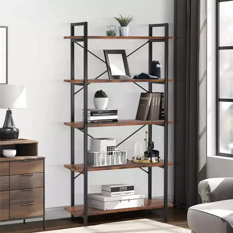 TUYOHW 5-Tier Industrial Bookshelf,Brown Metal Etagere Display Shelf - Open Bookcase for Living Room,Office,Storage & Decor