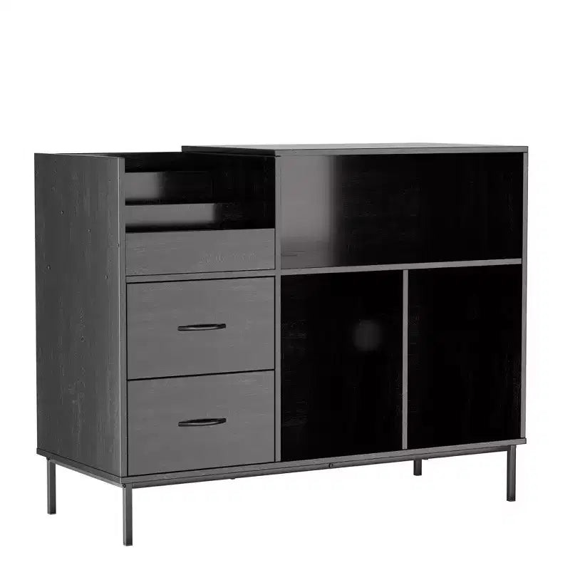 VIYET 35 Eco-Friendly Record Player Stand with Flip-Top, Black MDF+Metal Media Console w/ 2-Outlet Power Strip & Dustproof Storage