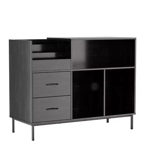 VIYET 35 Eco-Friendly Record Player Stand with Flip-Top, Black MDF+Metal Media Console w/ 2-Outlet Power Strip & Dustproof Storage