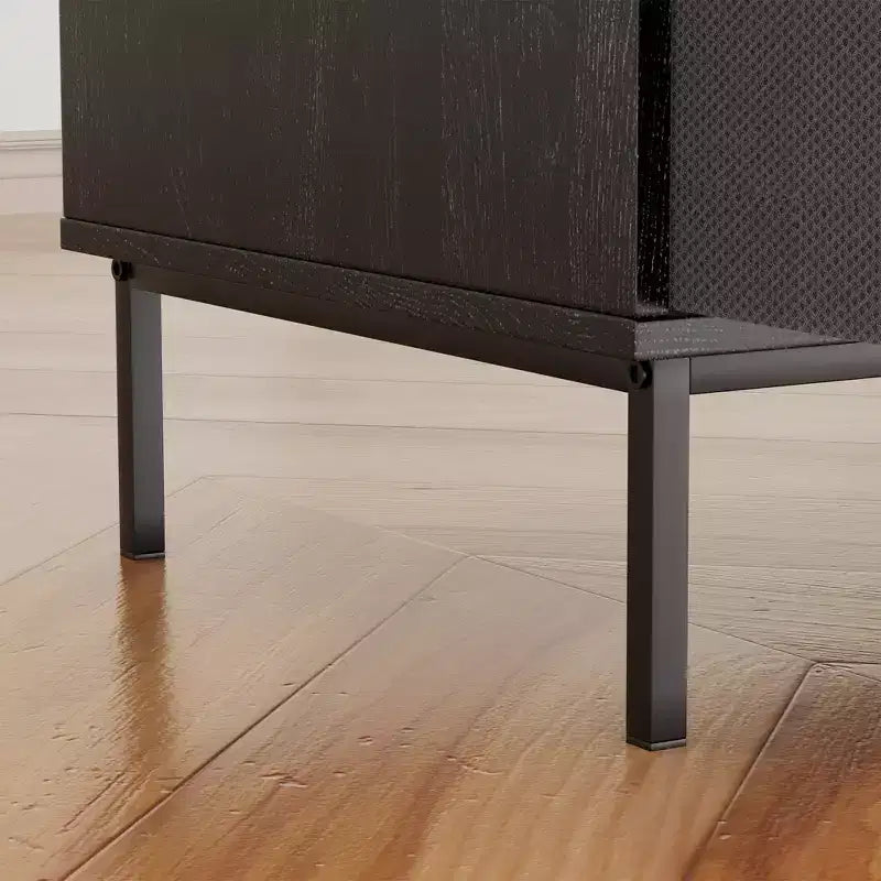 35 Supporto per giradischi ecologico con piano ribaltabile, Consolle multimediale in MDF nero + metallo con presa di corrente a 2 uscite e vano portaoggetti antipolvere