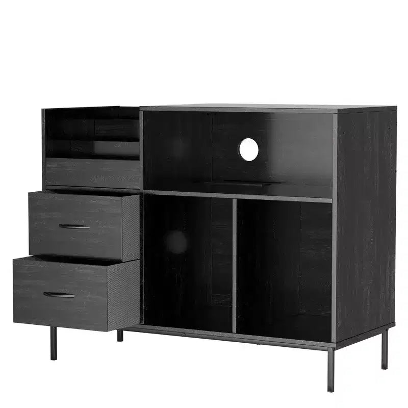 35 Supporto per giradischi ecologico con piano ribaltabile, Consolle multimediale in MDF nero + metallo con presa di corrente a 2 uscite e vano portaoggetti antipolvere