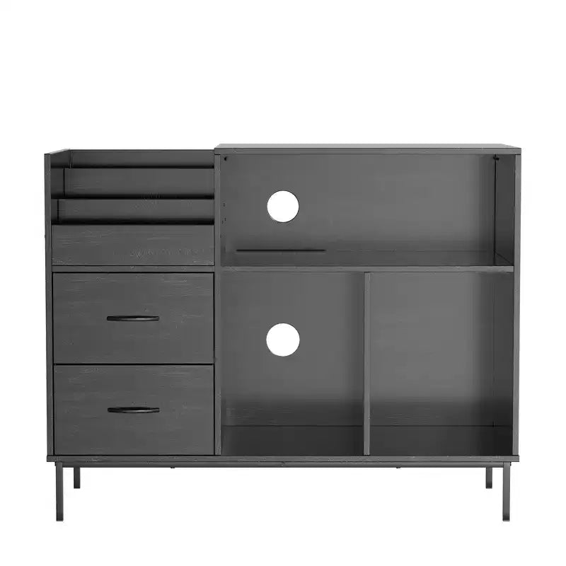 35 Supporto per giradischi ecologico con piano ribaltabile, Consolle multimediale in MDF nero + metallo con presa di corrente a 2 uscite e vano portaoggetti antipolvere