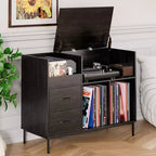 35 Supporto per giradischi ecologico con piano ribaltabile, Consolle multimediale in MDF nero + metallo con presa di corrente a 2 uscite e vano portaoggetti antipolvere