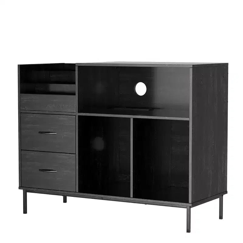 35 Supporto per giradischi ecologico con piano ribaltabile, Consolle multimediale in MDF nero + metallo con presa di corrente a 2 uscite e vano portaoggetti antipolvere