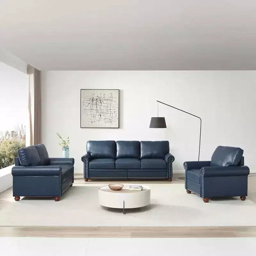 MAYEERTY 3 Pieces Sectional Faux Leather Sofa with Storage Silver Nails for Living Room Navy Blue