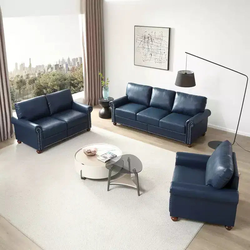 Divano componibile a 3 posti in ecopelle con contenitore e chiodini argentati, per soggiorno, blu navy