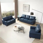 Divano componibile a 3 posti in ecopelle con contenitore e chiodini argentati, per soggiorno, blu navy