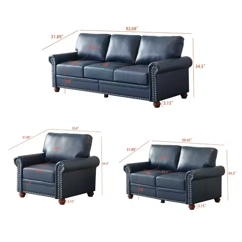 Divano componibile a 3 posti in ecopelle con contenitore e chiodini argentati, per soggiorno, blu navy