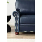 Divano componibile a 3 posti in ecopelle con contenitore e chiodini argentati, per soggiorno, blu navy