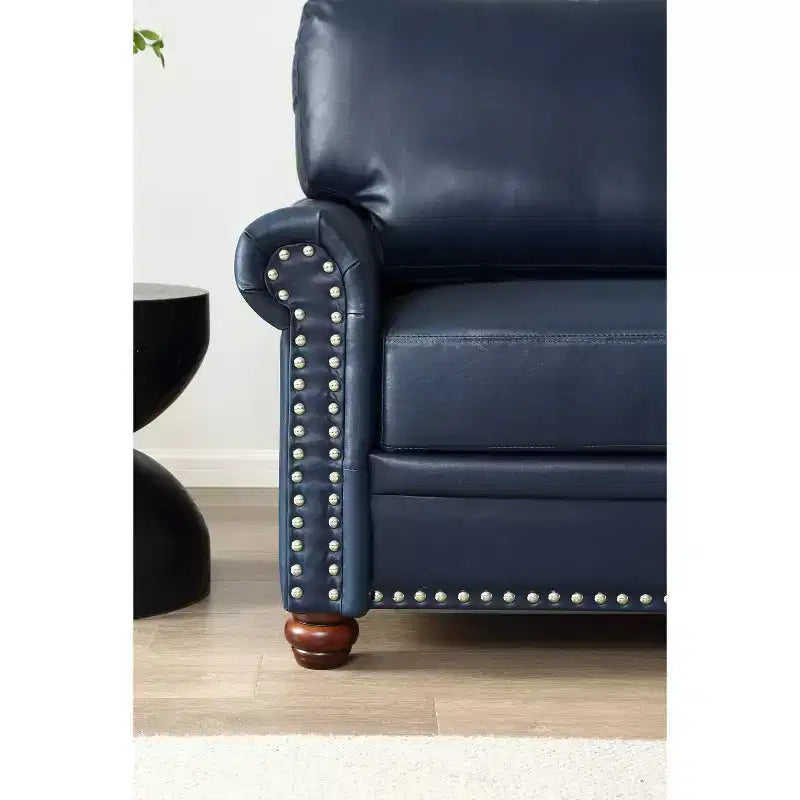 Divano componibile a 3 posti in ecopelle con contenitore e chiodini argentati, per soggiorno, blu navy