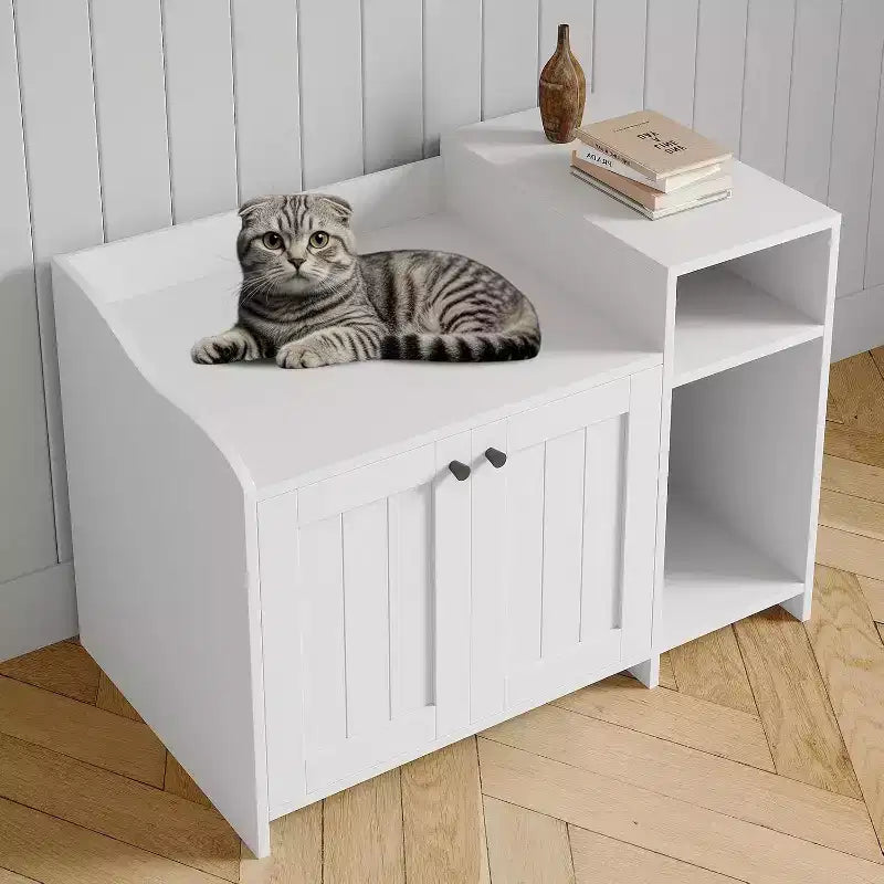 Mobile Lettiera Nascosta con Contenitore, Stile Moderno Tavolino Laterale, Casetta Toilette per Gatti in Truciolato Bianco per Gatti da Interno, Controllo degli Odori e Design per la Privacy