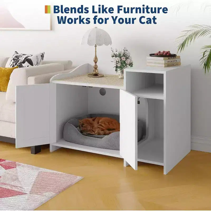 Mobile Lettiera Nascosta con Contenitore, Stile Moderno Tavolino Laterale, Casetta Toilette per Gatti in Truciolato Bianco per Gatti da Interno, Controllo degli Odori e Design per la Privacy