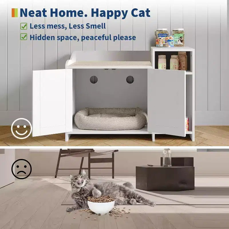 Mobile Lettiera Nascosta con Contenitore, Stile Moderno Tavolino Laterale, Casetta Toilette per Gatti in Truciolato Bianco per Gatti da Interno, Controllo degli Odori e Design per la Privacy
