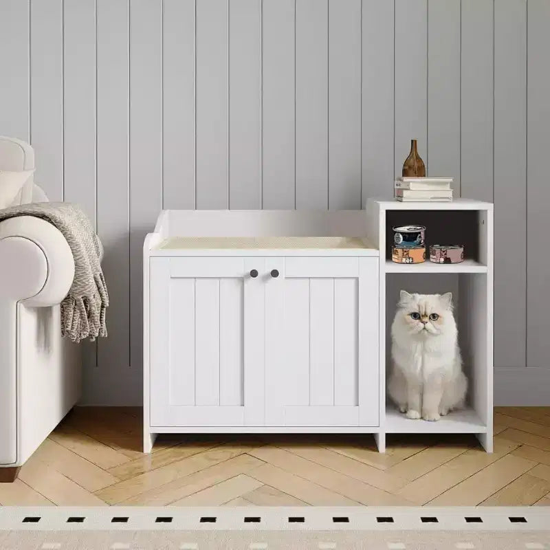 Mobile Lettiera Nascosta con Contenitore, Stile Moderno Tavolino Laterale, Casetta Toilette per Gatti in Truciolato Bianco per Gatti da Interno, Controllo degli Odori e Design per la Privacy