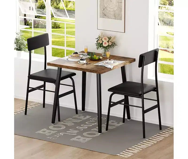 Compact 3-Piece Dining Set for 2  Space-Saving Wood & Metal Table with 2 Upholstered Chairs  Ideal for Apartments & Breakfast Nooks