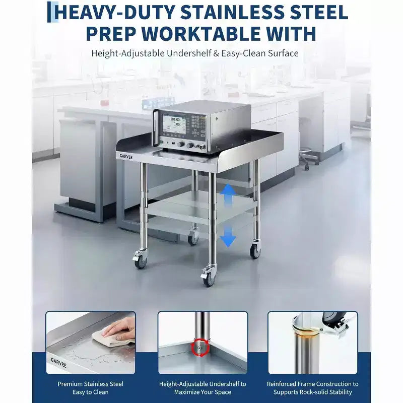 Tavolo in Acciaio Inox per Preparazione e Lavoro con Ruote Girevoli, Tavolo Commerciale da Cucina in Metallo Resistente con Ripiano Inferiore Regolabile per Ristorante