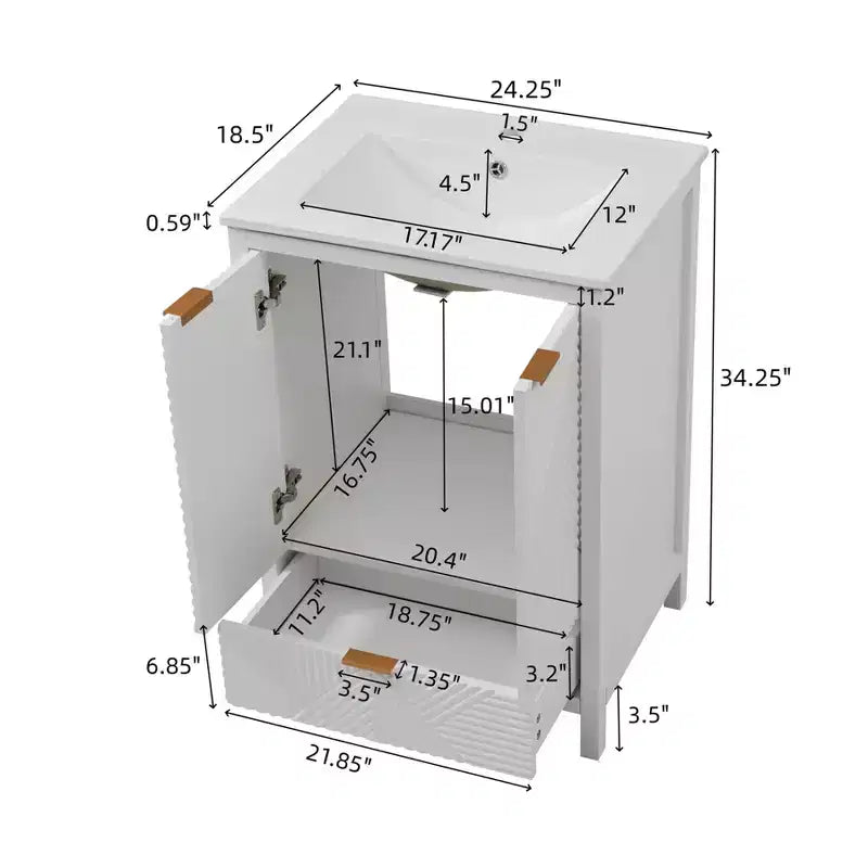 Mobile Bagno 60 cm, Lavello Moderno Incluso, Rubinetto Monoforo, Ante Texture, Cassetto, Gambe in Pino, Ampio Contenitore, Cerniere Ammortizzate