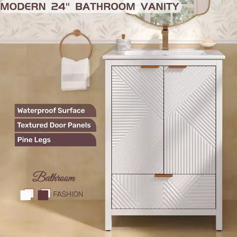 Mobile Bagno 60 cm, Lavello Moderno Incluso, Rubinetto Monoforo, Ante Texture, Cassetto, Gambe in Pino, Ampio Contenitore, Cerniere Ammortizzate