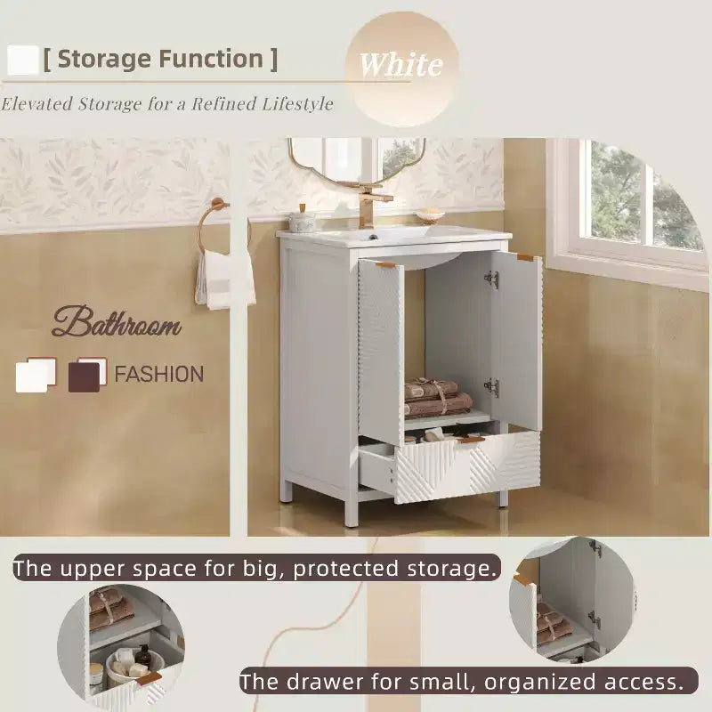 Mobile Bagno 60 cm, Lavello Moderno Incluso, Rubinetto Monoforo, Ante Texture, Cassetto, Gambe in Pino, Ampio Contenitore, Cerniere Ammortizzate