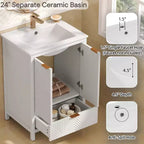 Mobile Bagno 60 cm, Lavello Moderno Incluso, Rubinetto Monoforo, Ante Texture, Cassetto, Gambe in Pino, Ampio Contenitore, Cerniere Ammortizzate