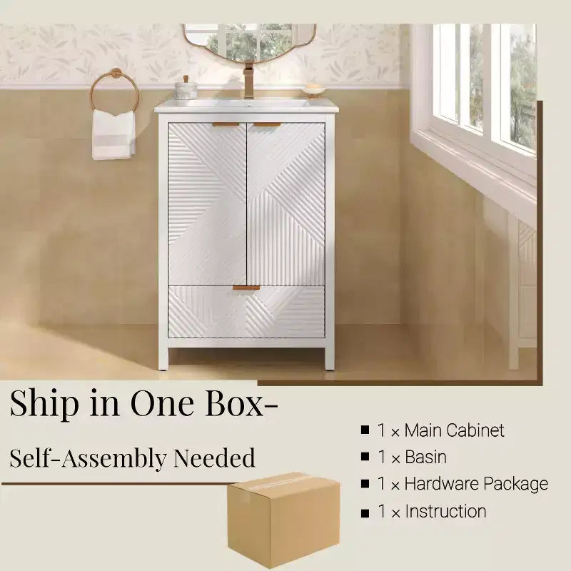 Mobile Bagno 60 cm, Lavello Moderno Incluso, Rubinetto Monoforo, Ante Texture, Cassetto, Gambe in Pino, Ampio Contenitore, Cerniere Ammortizzate