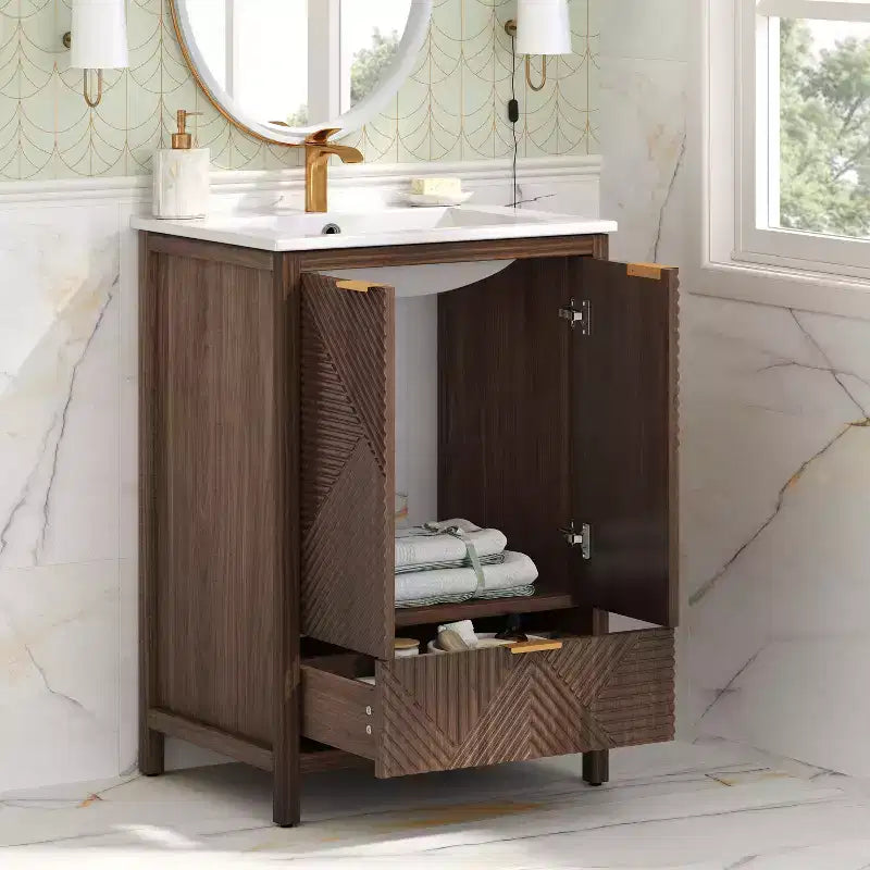 Mobile Bagno 60 cm, Lavello Moderno Incluso, Rubinetto Monoforo, Ante Texture, Cassetto, Gambe in Pino, Ampio Contenitore, Cerniere Ammortizzate