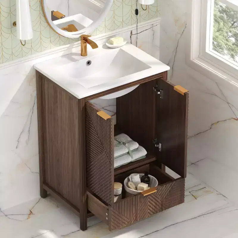 Mobile Bagno 60 cm, Lavello Moderno Incluso, Rubinetto Monoforo, Ante Texture, Cassetto, Gambe in Pino, Ampio Contenitore, Cerniere Ammortizzate