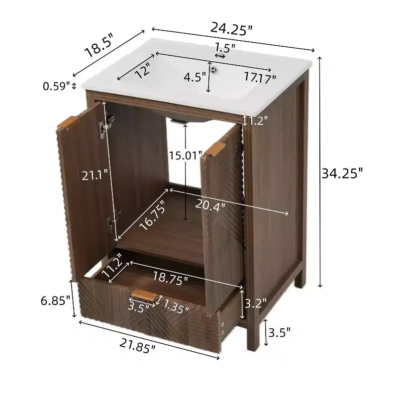 Mobile Bagno 60 cm, Lavello Moderno Incluso, Rubinetto Monoforo, Ante Texture, Cassetto, Gambe in Pino, Ampio Contenitore, Cerniere Ammortizzate