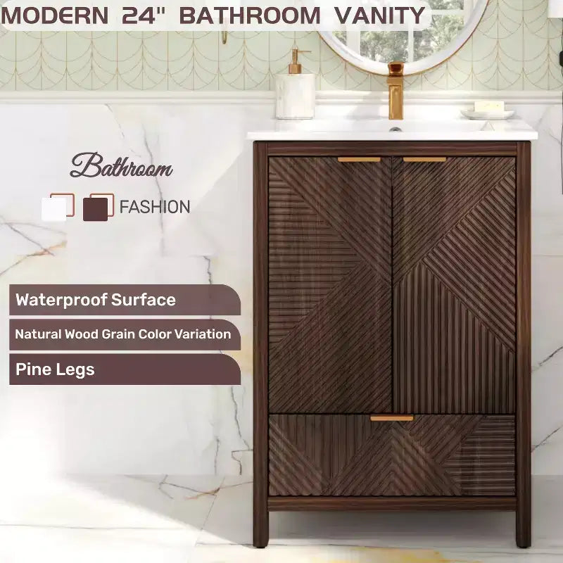 Mobile Bagno 60 cm, Lavello Moderno Incluso, Rubinetto Monoforo, Ante Texture, Cassetto, Gambe in Pino, Ampio Contenitore, Cerniere Ammortizzate