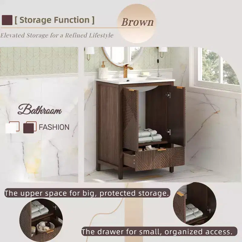 Mobile Bagno 60 cm, Lavello Moderno Incluso, Rubinetto Monoforo, Ante Texture, Cassetto, Gambe in Pino, Ampio Contenitore, Cerniere Ammortizzate