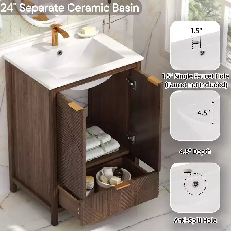 Mobile Bagno 60 cm, Lavello Moderno Incluso, Rubinetto Monoforo, Ante Texture, Cassetto, Gambe in Pino, Ampio Contenitore, Cerniere Ammortizzate
