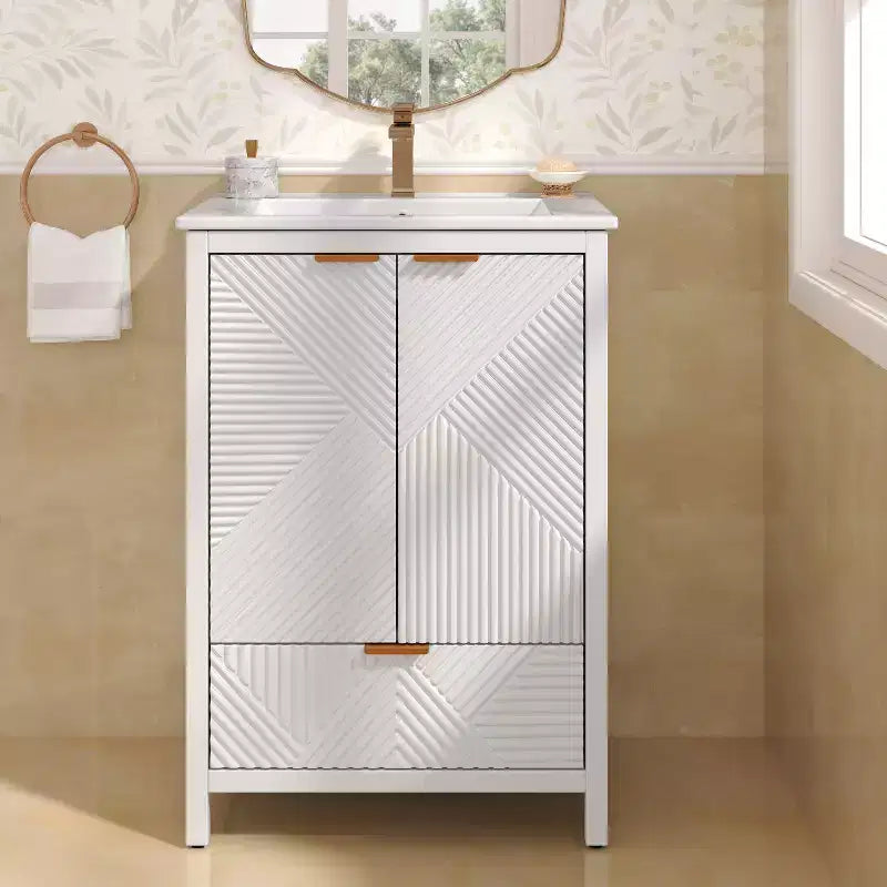 Mobile Bagno 60 cm, Lavello Moderno Incluso, Rubinetto Monoforo, Ante Texture, Cassetto, Gambe in Pino, Ampio Contenitore, Cerniere Ammortizzate