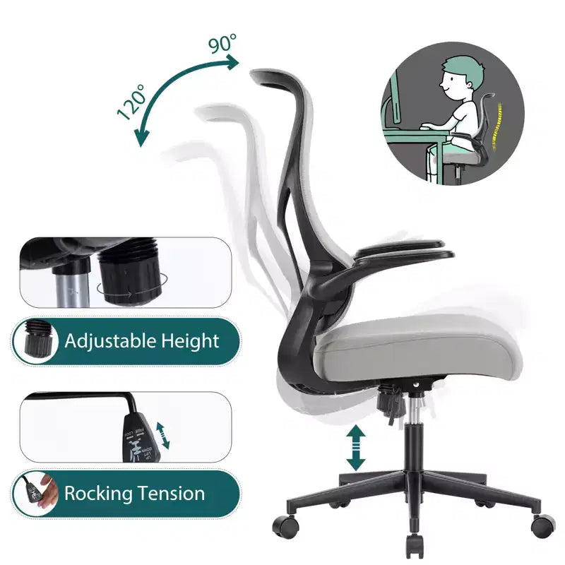 Sedia da computer ergonomica con braccioli ribaltabili, sedia da scrivania con supporto lombare, sedia girevole con ruote per casa, ufficio