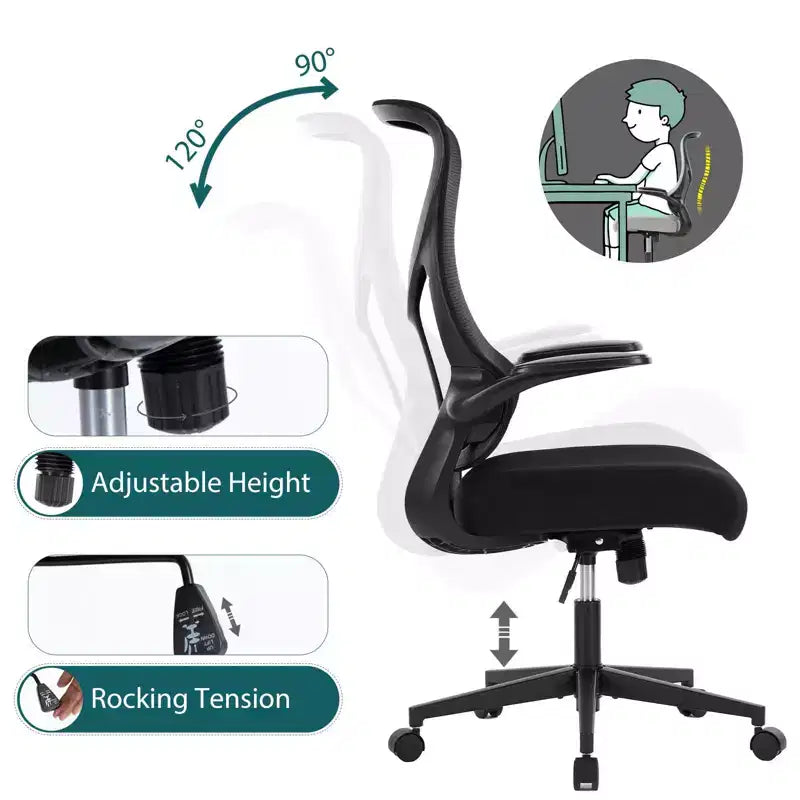 Sedia da computer ergonomica con braccioli ribaltabili, sedia da scrivania con supporto lombare, sedia girevole con ruote per casa, ufficio