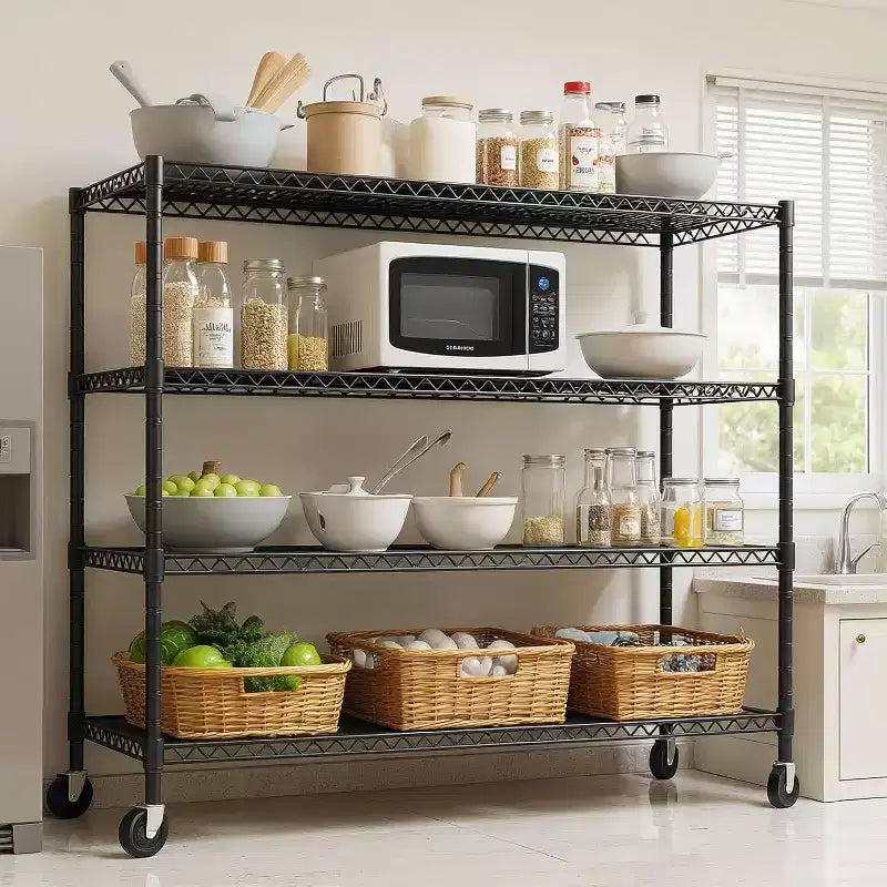 Scaffalatura in Filo Metallico Resistente a 4 Ripiani con Ruote, 61P x 142L x 191A cm, Capacità 998 kg, Ripiano Regolabile in Metallo per Stoccaggio, Scaffali Industriali