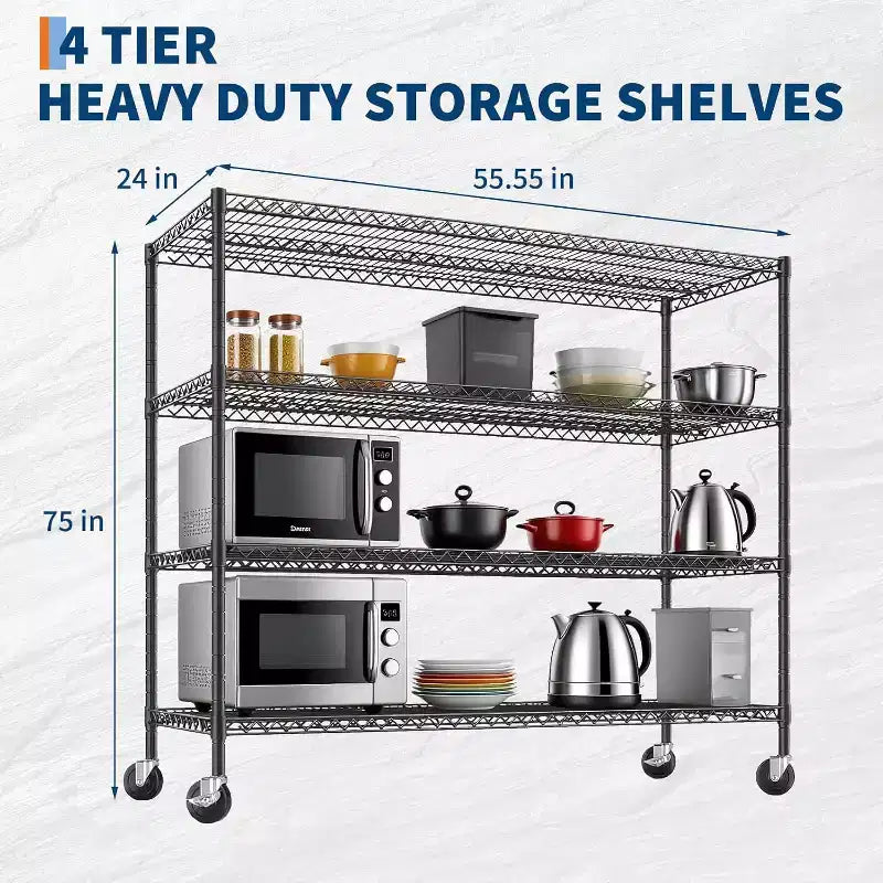 Scaffalatura in Filo Metallico Resistente a 4 Ripiani con Ruote, 61P x 142L x 191A cm, Capacità 998 kg, Ripiano Regolabile in Metallo per Stoccaggio, Scaffali Industriali