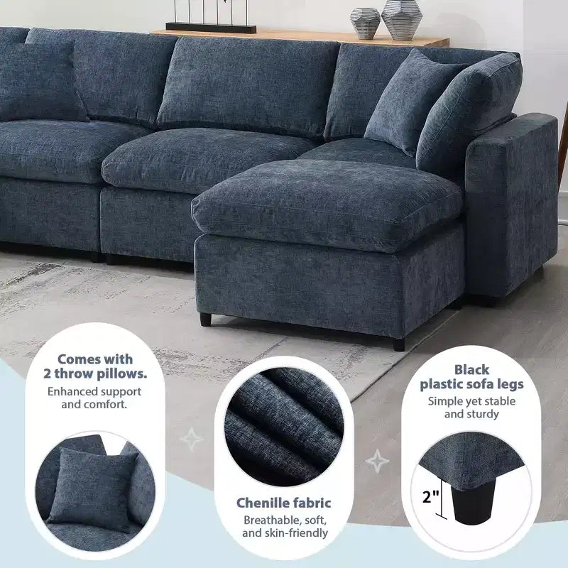 Divano letto modulare in ciniglia "Cloud" a 6 pezzi con pouf