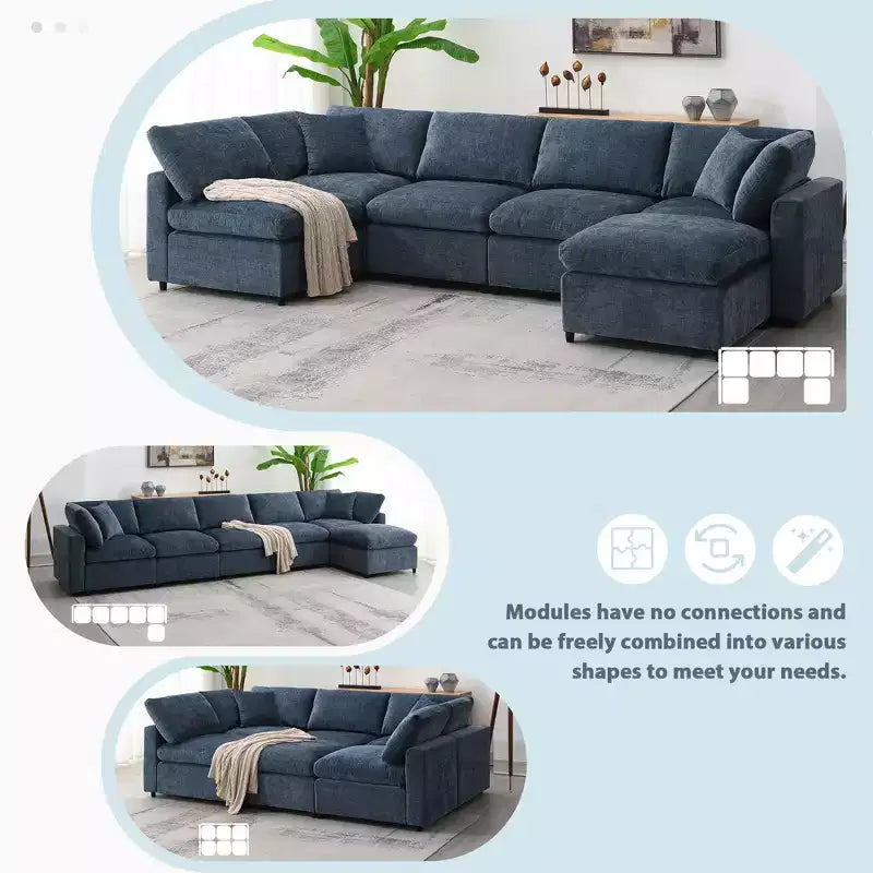 Divano letto modulare in ciniglia "Cloud" a 6 pezzi con pouf