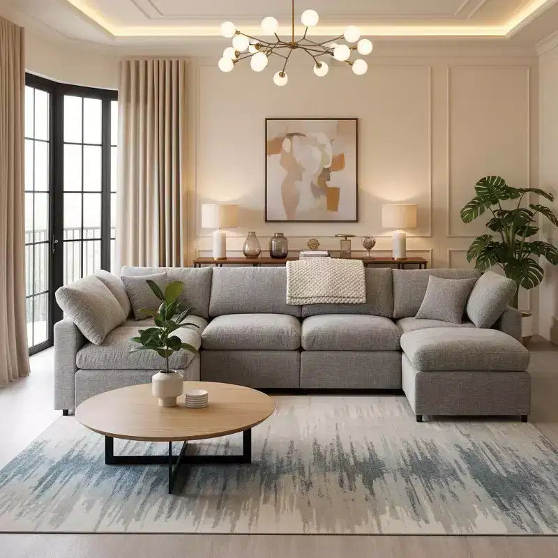 Divano letto modulare in ciniglia "Cloud" a 6 pezzi con pouf